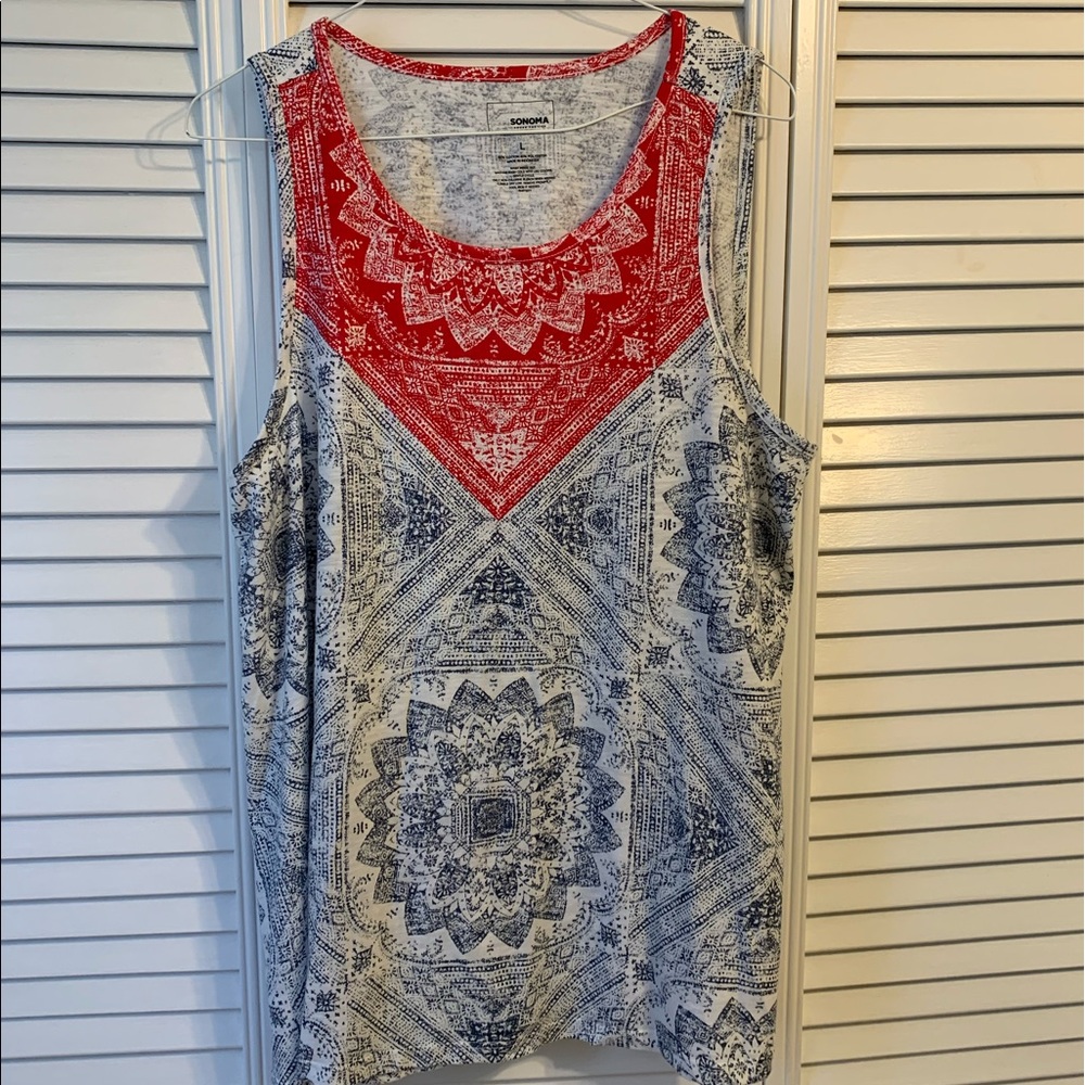 Red white and blue sleeveless shirt